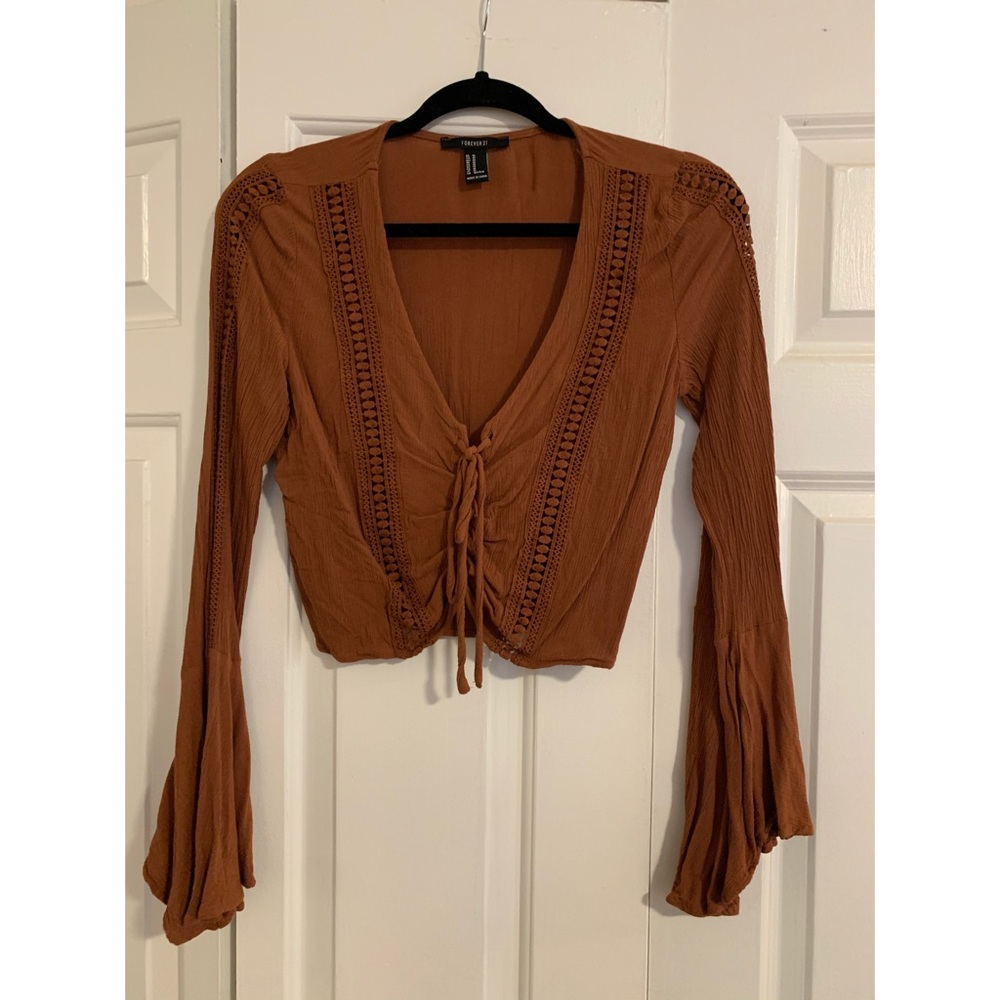 Burnt orange bell sleeve tie crop top